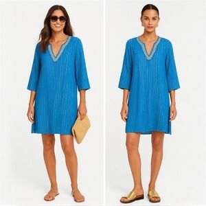 Lilly Pulitzer Blue Gold Lurex Crinkle Crepe Tunic Dress Cover-Up Medium Resort